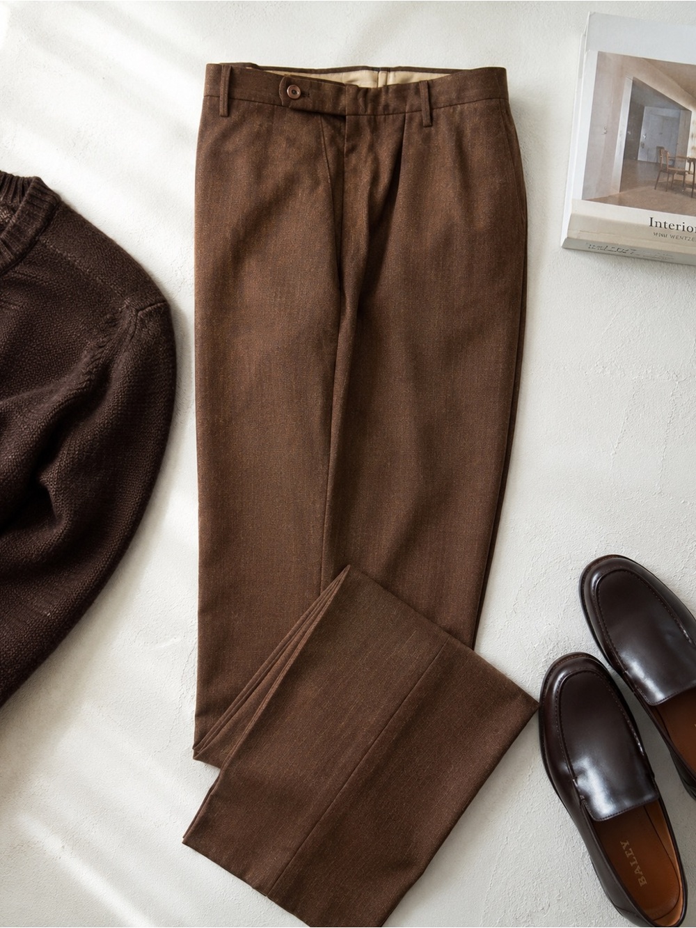 Incotex Benson Wool Classic Fit Pattern B Super 100s Brown Trousers Pants 35 Men
